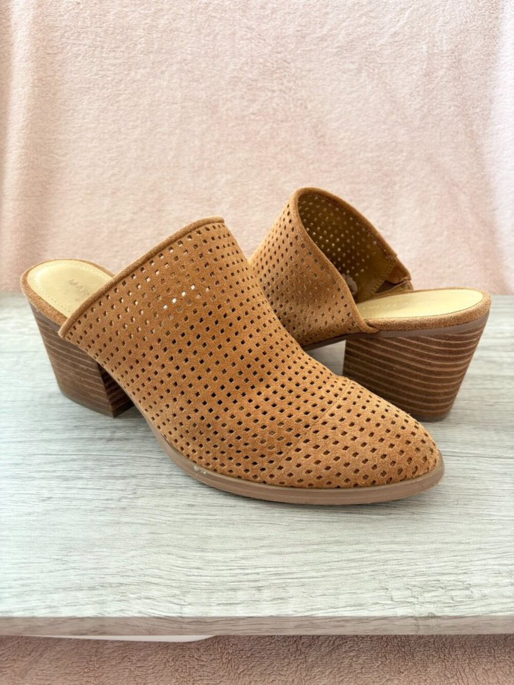 Marc Fisher Ripley Brown Suede Lasercut Perforated Stack 3" Block Heel Mule 8.5